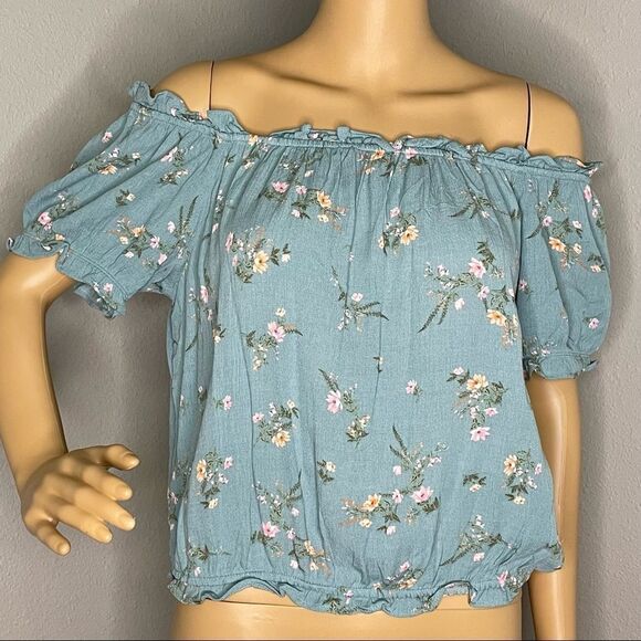 NWT Pink Rose Turquoise Floral On or Off Shoulder Croptop Blouse Size Large - Picture 3 of 12